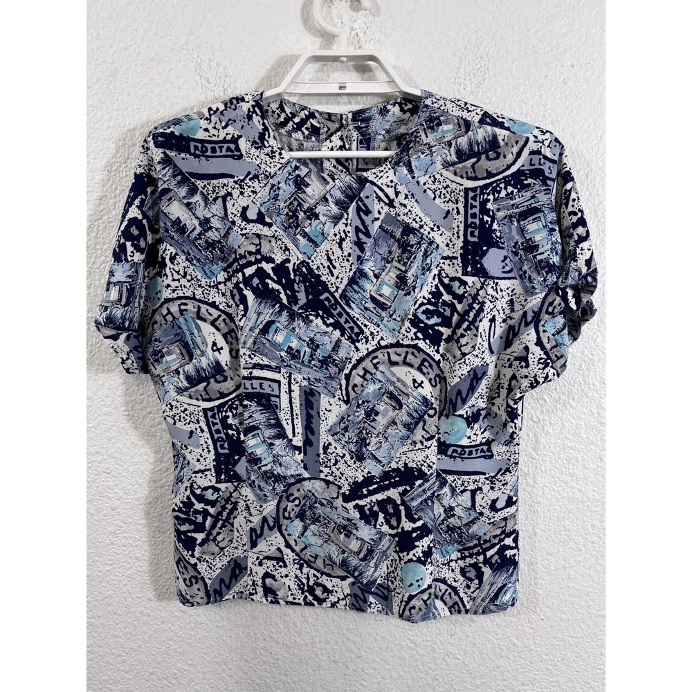 Vintage Carol Anderson Collection Blouse Womens Small Blue Abstract Graphic Top